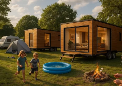 Campingplatz-mit-mobilen-Modulhäusern-und-lebhafter-Umgebung