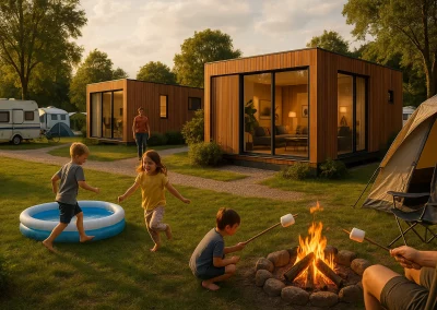 Campingplatz-mit-festen-Modulhäusern-und-lebhafter-Umgebung